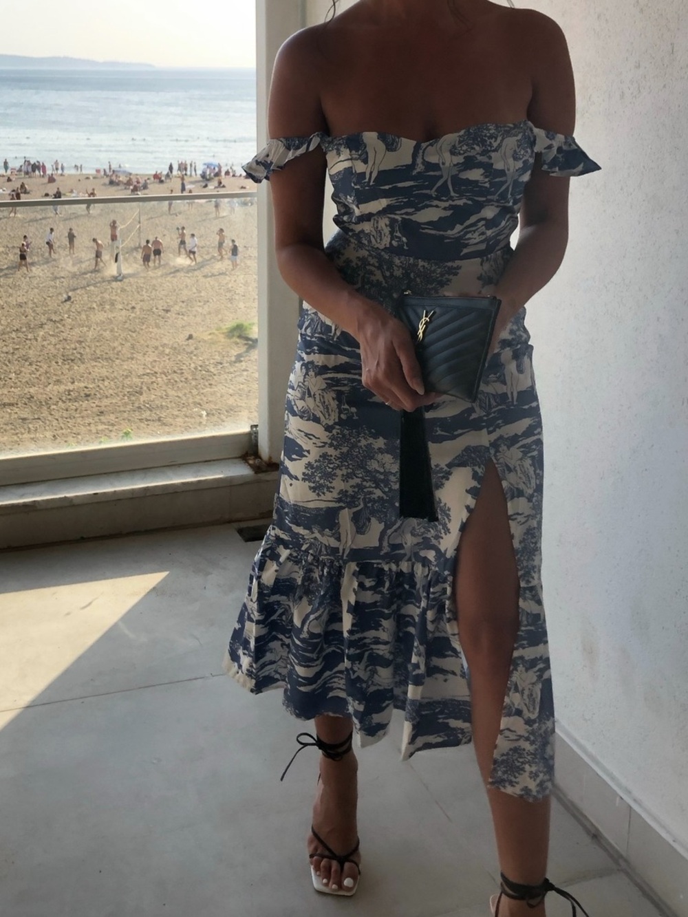 Blue & White Off-Shoulder Split Midi Dress
